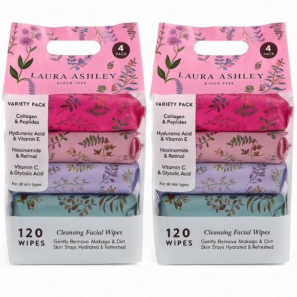 Laura Ashley Cleansing Facial Wipes – 2 Variety Packs (8 Packs, 240 Wipes Total) - Picture 1 of 3